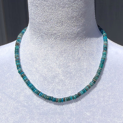 Hand-Strung Blue Apatite Rondelle Necklace with Sterling Silver Connector Clasp Displayed on Mannequin