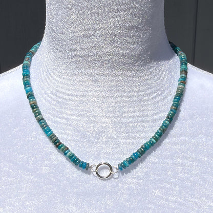 Rear View of Hand-Strung Blue Apatite Rondelle Necklace with Sterling Silver Connector Clasp on Mannequin
