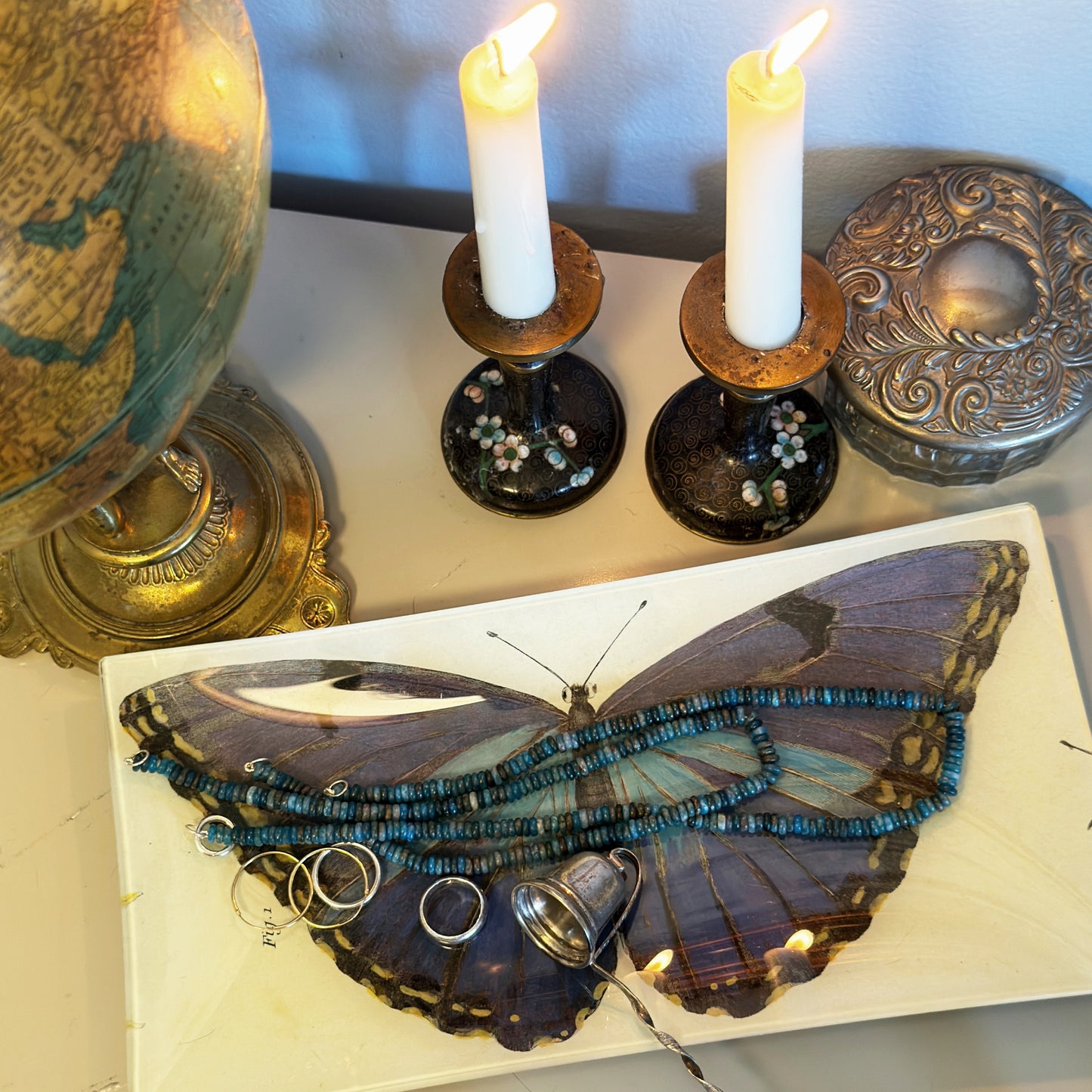 Blue Apatite Layering Stack with Gemstone Necklaces Styled on Decorative Tray