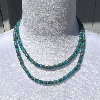 Blue Apatite Rondelle Necklaces in 16-inch and 18-inch Lengths Displayed on Mannequin